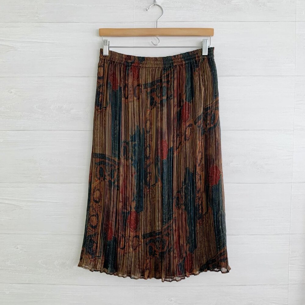 Vintage Mark Shale - Dark green floral crinkle pull on midi skirt, M